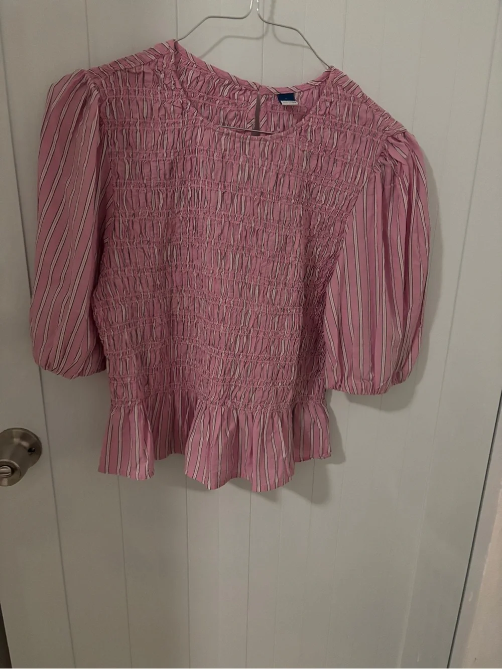 Old Navy Pink Striped Smocked Peplum Blouse